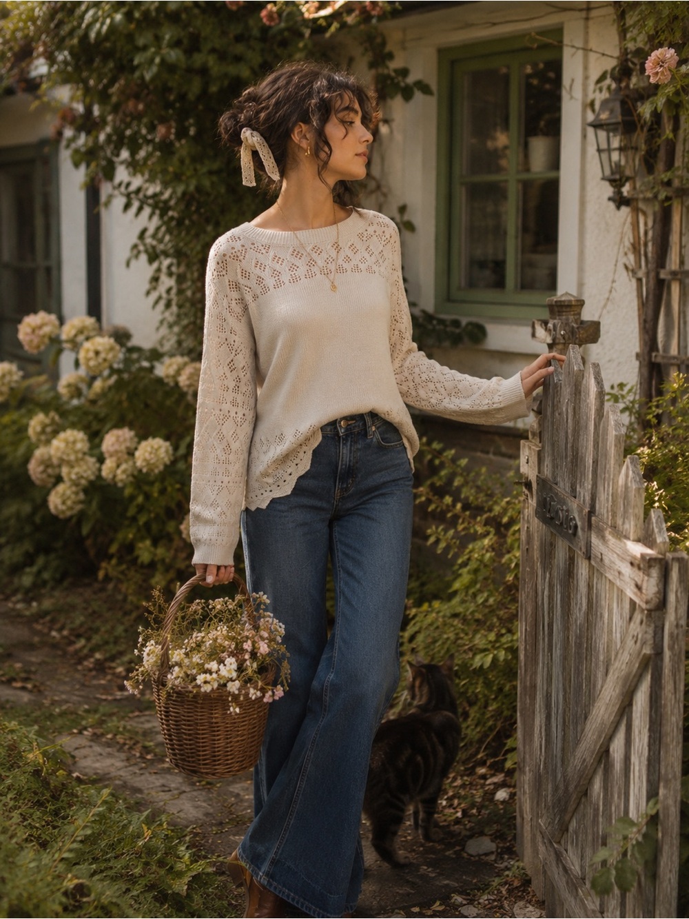 Nine West Cream Pointelle Knit Grandmacore Cottagecore Sweater Boho 2X